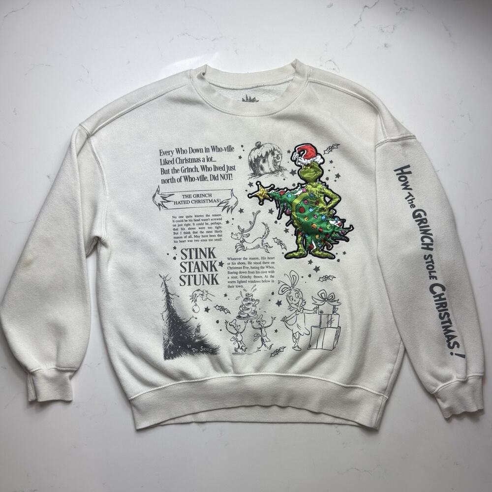 Dr. Seuss The Grinch White Pullover Sweatshirt for Women Small Christmas Graphic